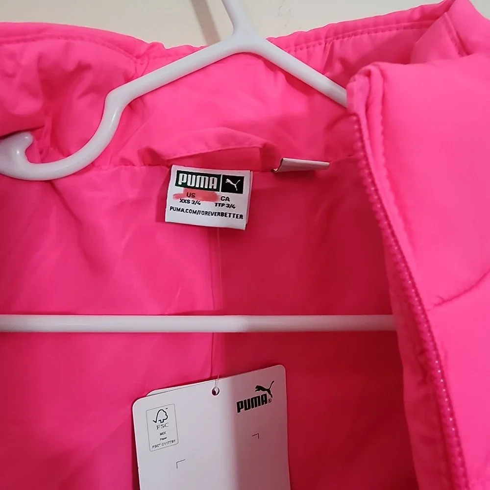 Puma NWT neon pink puffer full zip‎ front vest girls size XXS 3/4